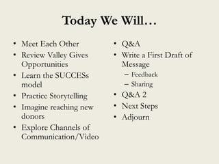 Today We Will…
• Meet Each Other
• Review Valley Gives
Opportunities
• Learn the SUCCESs
model
• Practice Storytelling
• Imagine reaching new
donors
• Explore Channels of
Communication/Video
• Q&A
• Write a First Draft of
Message
– Feedback
– Sharing
• Q&A 2
• Next Steps
• Adjourn
 