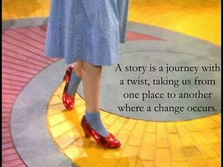 A story is a journey with
a twist, taking us from
one place to another
where a change occurs.
 