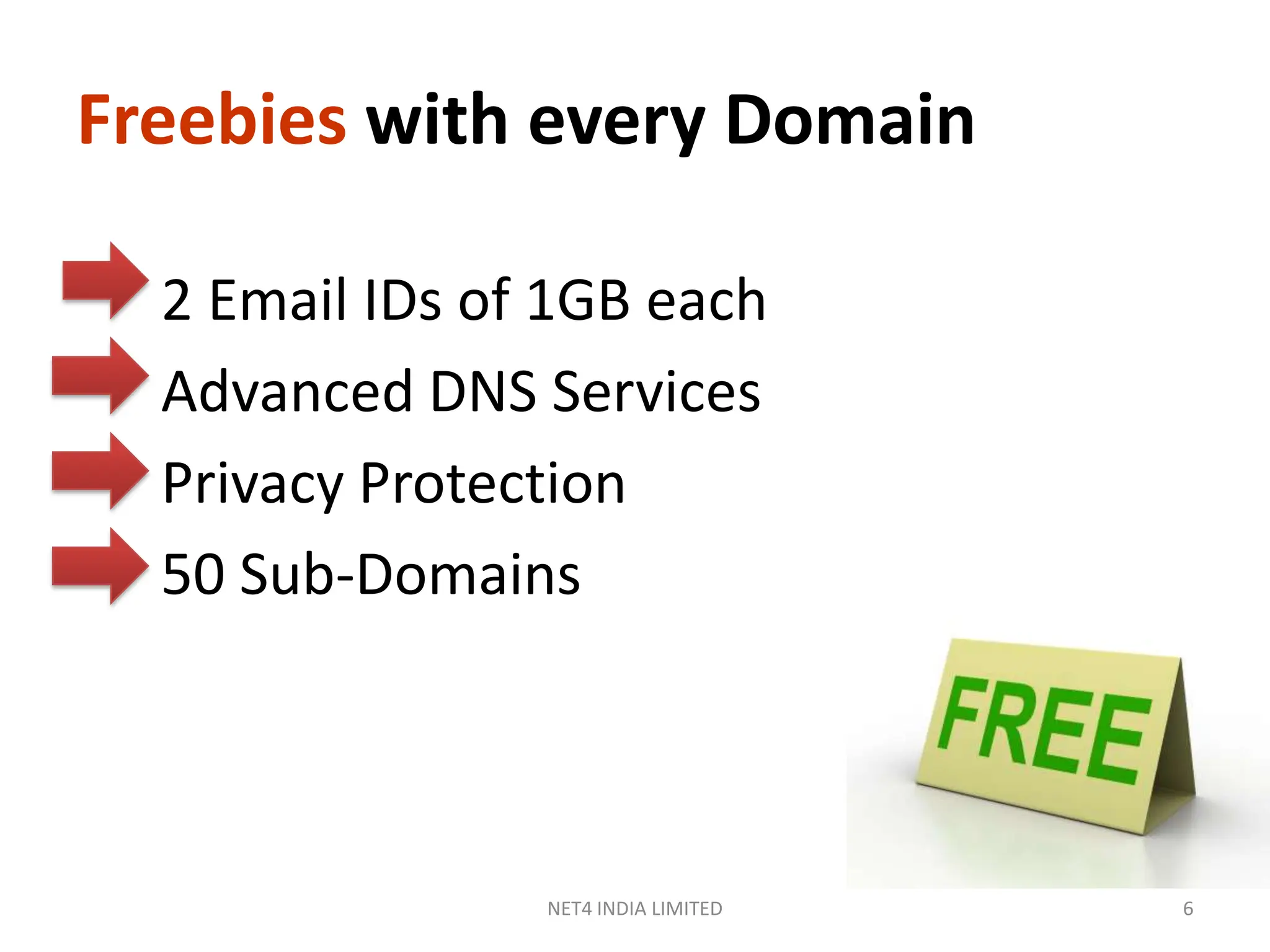 Freebies with every Domain

  2 Email IDs of 1GB each
  Advanced DNS Services
  Privacy Protection
  50 Sub-Domains




                NET4 INDIA LIMITED   6
 