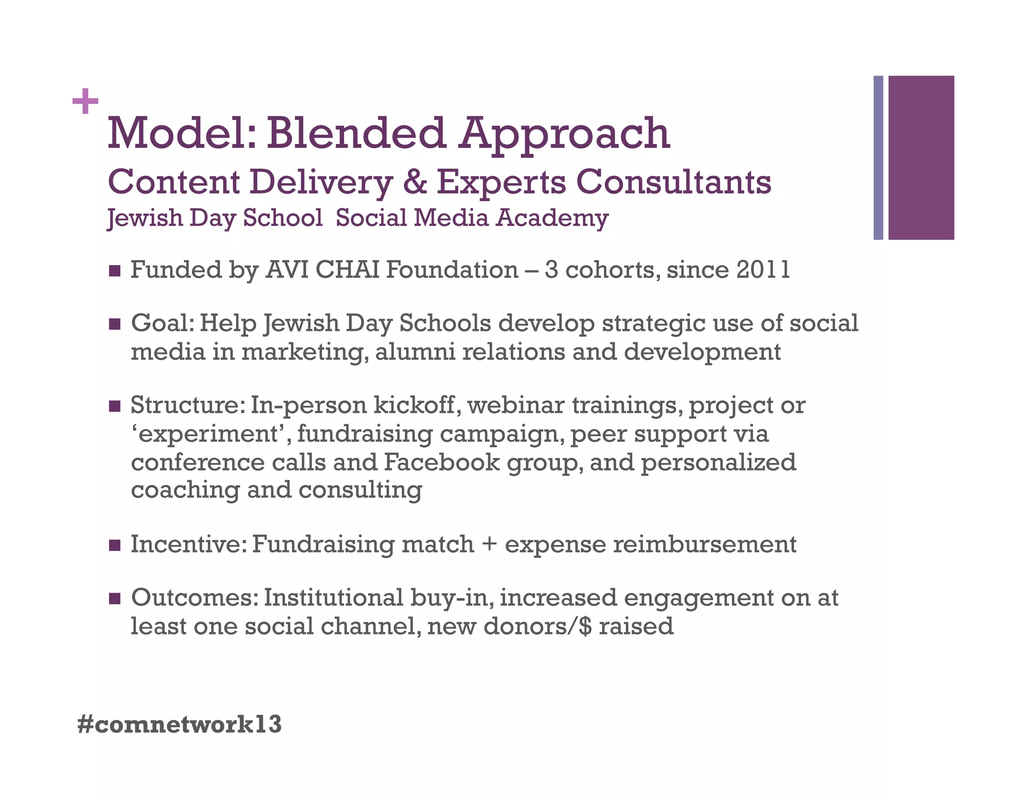 +
Model: Blended Approach
Content Delivery & Experts Consultants
Jewish Day School Social Media Academy
  Funded by AVI CHAI Foundation – 3 cohorts, since 2011
  Goal: Help Jewish Day Schools develop strategic use of social
media in marketing, alumni relations and development
  Structure: In-person kickoff, webinar trainings, project or
‘experiment’, fundraising campaign, peer support via
conference calls and Facebook group, and personalized
coaching and consulting
  Incentive: Fundraising match + expense reimbursement
  Outcomes: Institutional buy-in, increased engagement on at
least one social channel, new donors/$ raised
#comnetwork13
 