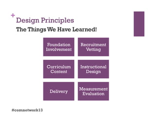 +
Design Principles
#comnetwork13
The Things We Have Learned!
Foundation
Involvement
Recruitment
Vetting
Curriculum
Content
Instructional
Design
Delivery
Measurement
Evaluation
 