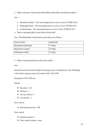 14
3. What is the type of each router (RouterMan, RouterEdin, and RouterLondon) ?
Ans: -
• Manchester Router. This networking device is set to a Cisco 7010SP,V10.0
• Edinburgh Router. This networking device is set to a Cisco 7010SP,v10.0
• London Router. This networking device is set to a Cisco 7010SP,V10.0
4. What is the bandwidth of each Point-to-Point link?
Ans:- The Bandwidth of each point to point link are as fallows:
Point-to-Point Bandwidth
Manchester-Edinburgh 9.6 kbps
Manchester-London 9.6 kbps
Edinburgh-London 9.6 kbps
5. What is the packet protocol used in this model?
Ans:
Packet Protocol used in this model for message source in Manchester LAN, Edinburgh
LAN and for response source in London LAN is TP-ATM
Parameters of TP-ATM are:-
Packets
 Data byte:- 128
 OH byte:- 3
 Ack size (bytes):- 1
 Ack priority :- 1
Error control
 Retransmission time:- 500
Flow control
 Window packets:-1
 Flow control window:- none
 