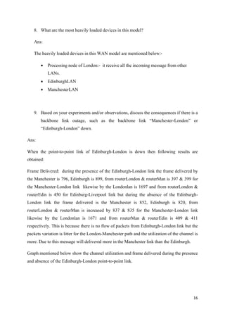 16
8. What are the most heavily loaded devices in this model?
Ans:
The heavily loaded devices in this WAN model are mentioned below:-
• Processing node of London:- it receive all the incoming message from other
LANs.
• EdinburghLAN
• ManchesterLAN
9. Based on your experiments and/or observations, discuss the consequences if there is a
backbone link outage, such as the backbone link “Manchester-London” or
“Edinburgh-London” down.
Ans:
When the point-to-point link of Edinburgh-London is down then following results are
obtained:
Frame Delivered: during the presence of the Edinburgh-London link the frame delivered by
the Manchester is 796, Edinburgh is 899, from routerLondon & routerMan is 397 & 399 for
the Manchester-London link likewise by the Londonlan is 1697 and from routerLondon &
routerEdin is 450 for Edinburg-Liverpool link but during the absence of the Edinburgh-
London link the frame delivered is the Manchester is 852, Edinburgh is 820, from
routerLondon & routerMan is increased by 837 & 835 for the Manchester-London link
likewise by the Londonlan is 1671 and from routerMan & routerEdin is 409 & 411
respectively. This is because there is no flow of packets from Edinburgh-London link but the
packets variation is litter for the London-Manchester path and the utilization of the channel is
more. Due to this message will delivered more in the Manchester link than the Edinburgh.
Graph mentioned below show the channel utilization and frame delivered during the presence
and absence of the Edinburgh-London point-to-point link.
 
