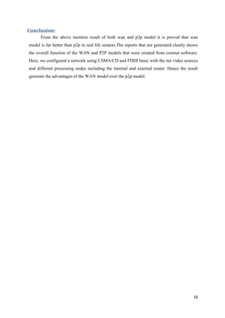 18
Conclusion:
From the above mention result of both wan and p2p model it is proved that wan
model is far better than p2p in real life senario.The reports that are generated clearly shows
the overall function of the WAN and P2P models that were created from comnet software.
Here, we configured a network using CSMA/CD and FDDI basic with the net video sources
and different processing nodes including the internal and external router. Hence the result
generate the advantages of the WAN model over the p2p model.
 
