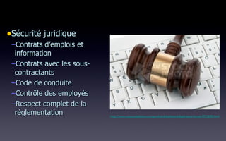 Sécurité juridique Contrats d’emplois et information Contrats avec les sous-contractants Code de conduite Contrôle des employés Respect complet de la réglementation http://www.canstockphoto.com/gavel-and-keyboard-legal-security-on-3913840.html 