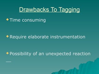 Drawbacks To Tagging
 Time consuming
 Require elaborate instrumentation
 Possibility of an unexpected reaction
 
