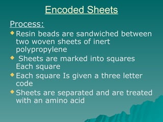 Encoded Sheets
Process:
 Resin beads are sandwiched between
two woven sheets of inert
polypropylene
 Sheets are marked into squares
Each square
 Each square Is given a three letter
code
 Sheets are separated and are treated
with an amino acid
 