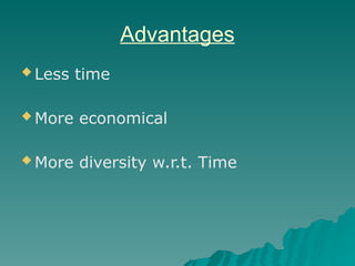 Advantages
 Less time
 More economical
 More diversity w.r.t. Time
 