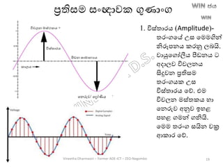 1. විස්තාරෙ (Amplitude)-
තරාංගතේ උස තමමගින්
නිරූපනෙ කරනු ලෙයි.
වායුතගෝලීෙ පීටඩනෙ ට
අදාලව විචලනෙ
සිදුවන රතිසම
තරාංගෙක උස
විස්තාරෙ තේ. එම
විචලන මස්තකෙ හා
තනරුව අනුව ඉහළ
පහළ ගමන් ගනියි.
තමම තරාංග සයින වක්‍ර
ආකාර තේ.
රතිසම සාංඥාවක ගුණාාංග
තනරුව/ තද්‍රෝණිෙ
Vineetha Dharmasiri – Former ADE-ICT – ZEO-Negombo 19
 