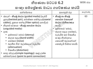 නිපණතා මට්ටම 6.2
සාංඥා සම්තරේෂණ මාධය ගතේෂණෙ කරයි
අන්තර්ගතෙ ඉතගනුම් ඵල කාලච්තේද
• රැහැන් - නියමු මාධය (guided media) (ඇඹරි
යුගල(twisted pair), සමක්ෂක තක්ෙලෙ(coaxial
cables), රකාශ තන්තු (Fiber optics) ෙනාදිෙ)
• නිදහස් අවකාශ - නියමු වනොවන මාධය
(unguided media)
• ගුණ
• ගුප්තතාව/ පමාව (latency)
• කලාප පළල(band width)
• ත ෝෂාව (noise)
• ෙලහීන වීම/ ෙලක්ෂෙෙ/ වැහැරීම
(attenuation)
• විකෘතිෙ (distortion)
• සරල ස්ථලෙ(simple topology): ඍජු ලක්ෂ
සම්ෙන්ධතාව (point to point connection)
• නියමු හා නියමු
වනොවන වශවයන්
මාධය වර්ගීකරණය
කරයි.
• ගුප්තතාව/ පමාව,
කලාප පළල ත ෝෂාව,
වැහැරීම සහ විකෘතිෙ
සාංඥා නිතේදනෙ
තකතරහි ෙලපාන්තන්
තකස්දැයි විස්තර කරයි.
03
Vineetha Dharmasiri – Former ADE-ICT – ZEO-Negombo 28
 