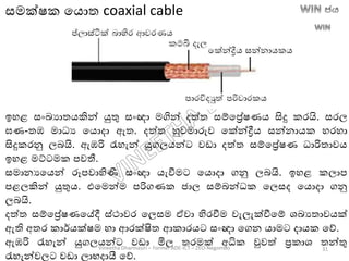 සමක්ෂක තෙොත coaxial cable
ඉහළ සාංඛ්‍යාතෙකින් යුතු සාංඥා මගින් දත්ත සම්තරේෂණෙ සිදු කරයි. සරල
ණ-තඹ මාධය තෙොදා ඇත. දත්ත හුවමාරුව තක්න්ද්‍රීෙ සන්නාෙක හරහා
සිදුකරනු ලෙයි. ඇඹරි රැහැන් යුගලෙන්ට වඩා දත්ත සම්තරේෂණ ධාරිතාවෙ
ඉහළ මට්ටමක පවතී.
සමානයතෙන් රූපවාහිණී සාංඥා ෙැවීමට තෙොදා ගනු ලෙයි. ඉහළ කලාප
පළලකින් යුතුෙ. එතමන්ම පරිගණක ජාල සම්ෙන්ධක තලසද තෙොදා ගනු
ලෙයි.
දත්ත සම්තරේෂණතේදී ස්ථාවර තලසම ඒවා හිරවීම වැලැක්වීතම් ශඛ්‍යතාවෙක්
ඇති අතර කාර්ෙක්ෂම හා ආරක්ෂිත ආකාරෙට සාංඥා තගන ොමට දාෙක තේ.
ඇඹරි රැහැන් යුගලෙන්ට වඩා මිල තරමක් අධික වුවත් රකාශ තන්තු
රැහැන්වලට වඩා ලාභදායී තේ.
Vineetha Dharmasiri – Former ADE-ICT – ZEO-Negombo 31
 