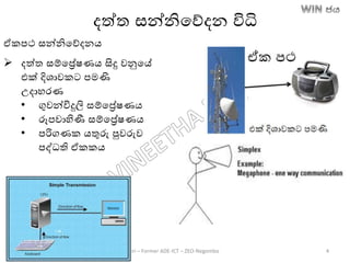 දත්ත සන්නිතේදන විධි
ඒකපථ සන්නිතේදනෙ
 දත්ත සම්තරේෂණෙ සිදු වනුතේ
එක් දිශාවකට පමණි
උදාහරණ
• ගුවන්විදුලි සම්තරේෂණෙ
• රූපවාහිණී සම්තරේෂණෙ
• පරිගණක ෙතුරු පුවරුව
පද්ධති ඒකකෙ
Vineetha Dharmasiri – Former ADE-ICT – ZEO-Negombo 4
 