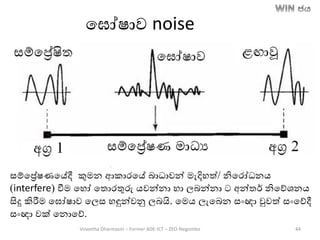ත ෝෂාව noise
සම්තරේෂණතේදී කුමන ආකාරතේ ොධාවන් මැදිහත්/ නිතරෝධනෙ
(interfere) වීම තහෝ තතොරතුරු ෙවන්නා හා ලෙන්නා ට අන්තර් නිතේශනෙ
සිදු කිරීම ත ෝෂාව තලස හඳුන්වනු ලෙයි. තමෙ ලැතෙන සාංඥා වුවත් සාංතේදී
සාංඥා වක් තනොතේ.
Vineetha Dharmasiri – Former ADE-ICT – ZEO-Negombo 44
 