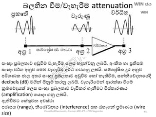 ෙලහීන වීම/වැහැරීම attenuation
සාංඥා රෙලතාව අඩුවීම වැහැරීම තලස හඳුන්වනු ලෙයි. අාංකිත හා රතිසම
සාංඥා වර්ග අනුව තමම වැහැරීම අර්ථ හටගනු ලෙයි. සම්තරේෂිත දුර අනුව
පරිගණක ජාල අතර සාංඥා රෙලතාව අඩුවීම තහෝ නැතිවීම, සන්නිතේදනතේදී
decibels (dB) මගින් මිනුම් කරනු ලෙයි. වැහැරීතමන් ආරක්ෂා වීතම්
ක්‍රමතේදෙක් තලස සාංඥා රෙලතාව වැඩිකර ගැනීමට විස්තාරණෙ
(amplification) තෙොදා ගනු ලෙයි.
ඇතිවීමට තහේතුවන අවස්ථා
පරාසෙ (range), නිතරෝධනෙ (interference) සහ රැහැතන් රමාණෙ (wire
size)
Vineetha Dharmasiri – Former ADE-ICT – ZEO-Negombo 45
 