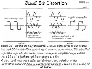 විකෘති වීම Distortion
විකෘතිවීම - ධ්වනිෙ හා ඉතලක්තරොනික විදයාවට අනුව මූලික තරාංග ආකාර
මත තහෝ විවිධ සම්ෙන්ධිත උපක්‍රම අනුව සාංඥා ගුණාාංග තවනස් වීම තමනමින්
හැඳින්විෙ හැකි තේ. එෙ සාමානයතෙන් සාංඥා පහත වැටීමක් තලස දක්වයි
උදා : වීඩිතෙෝ පද්ධතිෙක රතිබිම්ෙ අවක්‍රමණෙ වීම
තමෙ වැරදි තහෝ තදෝෂ සහිත සන්නිතේදනෙකට තහේතුවිෙ හැකිෙ
සන්නිවේදන මාධයවේ ධාරණය හා වරේරණයමගින් ඇතිකරණ සංඥාවේ ගුණාංග වවනස් වීම
(ගු.මා.සං.)
Vineetha Dharmasiri – Former ADE-ICT – ZEO-Negombo 46
 