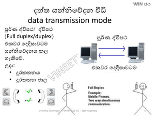 දත්ත සන්නිතේදන විධි
data transmission mode
පූර්ණ ද්විපථ/ ද්විපථ
(Full duplex/duplex)
එකවර තදදිසාවටම
සන්නිතේදනෙ කල
හැකිතේ.
උදා:
• දුරකතනෙ
• දුරකතන ජාල
Vineetha Dharmasiri – Former ADE-ICT – ZEO-Negombo 6
 