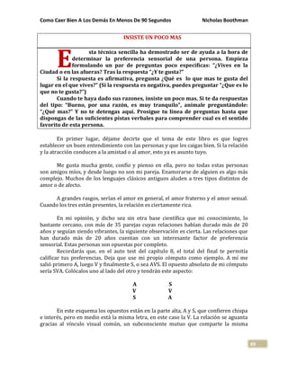 Como Caer Bien A Los Demás En Menos De 90 Segundos Nicholas Boothman
89
INSISTE UN POCO MAS
sta técnica sencilla ha demostrado ser de ayuda a la hora de
determinar la preferencia sensorial de una persona. Empieza
formulando un par de preguntas poco especificas: “¿Vives en la
Ciudad o en las afueras? Tras la respuesta “¿Y te gusta?”
Si la respuesta es afirmativa, pregunta ¿Qué es lo que mas te gusta del
lugar en el que vives?” (Si la respuesta es negativa, puedes preguntar “¿Que es lo
que no te gusta?”)
Cuando te haya dado sus razones, insiste un poco mas. Si te da respuestas
del tipo: “Bueno, por una razón, es muy tranquilo”, anímale preguntándole:
“¿Qué mas?” Y no te detengas aquí. Prosigue tu línea de preguntas hasta que
dispongas de las suficientes pistas verbales para comprender cual es el sentido
favorito de esta persona.
En primer lugar, déjame decirte que el tema de este libro es que logres
establecer un buen entendimiento con las personas y que les caigas bien. Si la relación
y la atracción conducen a la amistad o al amor, esto ya es asunto tuyo.
Me gusta mucha gente, confío y pienso en ella, pero no todas estas personas
son amigos míos, y desde luego no son mi pareja. Enamorarse de alguien es algo más
complejo. Muchos de los lenguajes clásicos antiguos aluden a tres tipos distintos de
amor o de afecto.
A grandes rasgos, serían el amor en general, el amor fraterno y el amor sexual.
Cuando los tres están presentes, la relación es ciertamente rica.
En mi opinión, y dicho sea sin otra base científica que mi conocimiento, lo
bastante cercano, con más de 35 parejas cuyas relaciones habían durado más de 20
años y seguían siendo vibrantes, la siguiente observación es cierta. Las relaciones que
han durado más de 20 años cuentan con un interesante factor de preferencia
sensorial. Estas personas son opuestas por completo.
Recordarás que, en el auto test del capítulo 8, el total del final te permitía
calificar tus preferencias. Deja que use mi propio cómputo como ejemplo. A mí me
salió primero A, luego V y finalmente S, o sea AVS. El opuesto absoluto de mi cómputo
sería SVA. Colócalos uno al lado del otro y tendrán este aspecto:
A S
V V
S A
En este esquema los opuestos están en la parte alta, A y S, que confieren chispa
e interés, pero en medio está la misma letra, en este caso la V. La relación se aguanta
gracias al vínculo visual común, un subconsciente mutuo que comparte la misma
E
 