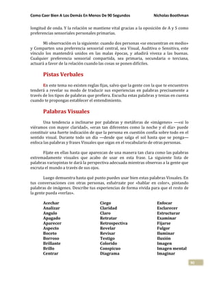 Como Caer Bien A Los Demás En Menos De 90 Segundos Nicholas Boothman
90
longitud de onda. Y la relación se mantiene vital gracias a la oposición de A y S como
preferencias sensoriales personales primarias.
Mi observación es la siguiente: cuando dos personas «se encuentran en medio»
y Comparten una preferencia sensorial central, sea Visual, Auditiva o Sensitiva, este
vínculo los mantendrá unidos en las malas épocas, y añadirá viveza a las buenas.
Cualquier preferencia sensorial compartida, sea primaria, secundaria o terciana,
actuará a favor de la relación cuando las cosas se ponen difíciles.
Pistas Verbales
En este tema no existen reglas fijas, salvo que la gente con la que te encuentres
tenderá a revelar su modo de traducir sus experiencias en palabras precisamente a
través de los tipos de palabras que prefiera. Escucha estas palabras y tenias en cuenta
cuando te propongas establecer el entendimiento.
Palabras Visuales
Una tendencia a inclinarse por palabras y metáforas de «imágenes» —«si lo
viéramos con mayor claridad», «eran tan diferentes como la noche y el día> puede
constituir una fuerte indicación de que la persona en cuestión confía sobre todo en el
sentido visual. Durante todo un día —desde que salga el sol hasta que se ponga—
enfoca las palabras y frases Visuales que oigas en el vocabulario de otras personas.
Fíjate en ellas hasta que aparezcan de una manera tan clara como las palabras
extremadamente visuales que acabo de usar en esta frase. La siguiente lista de
palabras variopintas te dará la perspectiva adecuada mientras observas a la gente que
escruta el mundo a través de sus ojos.
Luego demuestra hasta qué punto puedes usar bien estas palabras Visuales. En
tus conversaciones con otras personas, esfuérzate por «hablar en color», pintando
palabras de imágenes. Describe tus experiencias de forma vivida para que el resto de
la gente pueda «verlas».
Acechar
Analizar
Angulo
Apagado
Aparecer
Aspecto
Boceto
Borroso
Brillante
Brillo
Centrar
Ciego
Claridad
Claro
Retratar
Retrospectiva
Revelar
Revisar
Testigo
Colorido
Conspicuo
Diagrama
Enfocar
Esclarecer
Estructurar
Examinar
Fijarse
Fulgor
Iluminar
Ilusión
Imagen
Imagen mental
Imaginar
 