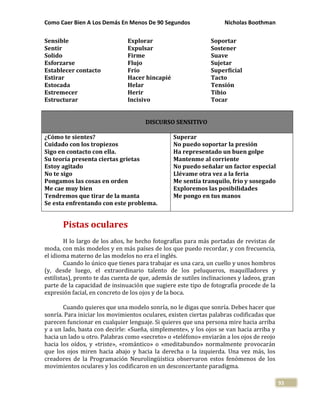 Como Caer Bien A Los Demás En Menos De 90 Segundos Nicholas Boothman
93
Sensible
Sentir
Solido
Esforzarse
Establecer contacto
Estirar
Estocada
Estremecer
Estructurar
Explorar
Expulsar
Firme
Flujo
Frío
Hacer hincapié
Helar
Herir
Incisivo
Soportar
Sostener
Suave
Sujetar
Superficial
Tacto
Tensión
Tibio
Tocar
DISCURSO SENSITIVO
¿Cómo te sientes?
Cuidado con los tropiezos
Sigo en contacto con ella.
Su teoría presenta ciertas grietas
Estoy agitado
No te sigo
Pongamos las cosas en orden
Me cae muy bien
Tendremos que tirar de la manta
Se esta enfrentando con este problema.
Superar
No puedo soportar la presión
Ha representado un buen golpe
Mantenme al corriente
No puedo señalar un factor especial
Llévame otra vez a la feria
Me sentía tranquilo, frio y sosegado
Exploremos las posibilidades
Me pongo en tus manos
Pistas oculares
H lo largo de los años, he hecho fotografías para más portadas de revistas de
moda, con más modelos y en más países de los que puedo recordar, y con frecuencia,
el idioma materno de las modelos no era el inglés.
Cuando lo único que tienes para trabajar es una cara, un cuello y unos hombros
(y, desde luego, el extraordinario talento de los peluqueros, maquilladores y
estilistas), pronto te das cuenta de que, además de sutiles inclinaciones y ladeos, gran
parte de la capacidad de insinuación que sugiere este tipo de fotografía procede de la
expresión facial, en concreto de los ojos y de la boca.
Cuando quieres que una modelo sonría, no le digas que sonría. Debes hacer que
sonría. Para iniciar los movimientos oculares, existen ciertas palabras codificadas que
parecen funcionar en cualquier lenguaje. Si quieres que una persona mire hacia arriba
y a un lado, basta con decirle: «Sueña, simplemente», y los ojos se van hacia arriba y
hacia un lado u otro. Palabras como «secreto» o «teléfono» enviarán a los ojos de reojo
hacia los oídos, y «triste», «romántico» o «meditabundo» normalmente provocarán
que los ojos miren hacia abajo y hacia la derecha o la izquierda. Una vez más, los
creadores de la Programación Neurolingüística observaron estos fenómenos de los
movimientos oculares y los codificaron en un desconcertante paradigma.
 