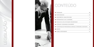 LEGISLAÇÃO CONTEÚDO
01
02
03
04
05
06
07
08
09
INTRODUÇÃO
NOVOS NEGÓCIOS
INVESTIMENTOS: COMO ESTRUTURAR
REPRESENTAÇÃO, FILIAL E SUBSIDIÁRIA
ESCOLHA DO LOCAL DE ATUAÇÃO E INCORPORAÇÃO
OPERAÇÃO: CONTRATANDO FUNCIONÁRIOS
CONTRATAÇÃO DE PRESTADORES DE SERVIÇOS, CONTADORES E ADVOGADOS
ANEXOS
SOBRE O PATROCINADOR
06
07
11
14
16
19
22
24
27
 