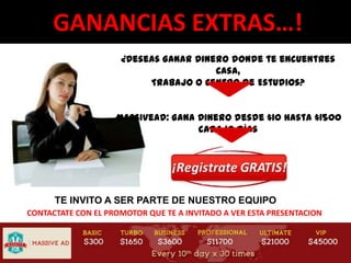 GANANCIAS EXTRAS…!
¿Deseas Ganar Dinero donde te encuentres
Casa,
Trabajo o Centro de Estudios?
MassiveAd: Gana Dinero desde $10 hasta $1500
cada 10 días
TE INVITO A SER PARTE DE NUESTRO EQUIPO
CONTACTATE CON EL PROMOTOR QUE TE A INVITADO A VER ESTA PRESENTACION
 