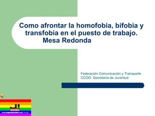 Como afrontar la homofobia, bifobia y transfobia en el puesto de trabajo. Mesa Redonda Federación Comunicación y Transporte CCOO. Secretaría de Juventud 
