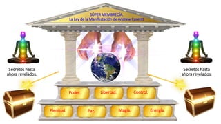 Energía.
Paz.
Plenitud. Magia.
Control.
Poder. Libertad.
SÚPER MEMBRECÍA.
La Ley de la Manifestación de Andrew Corentt
Secretos hasta
ahora revelados.
Secretos hasta
ahora revelados.
 