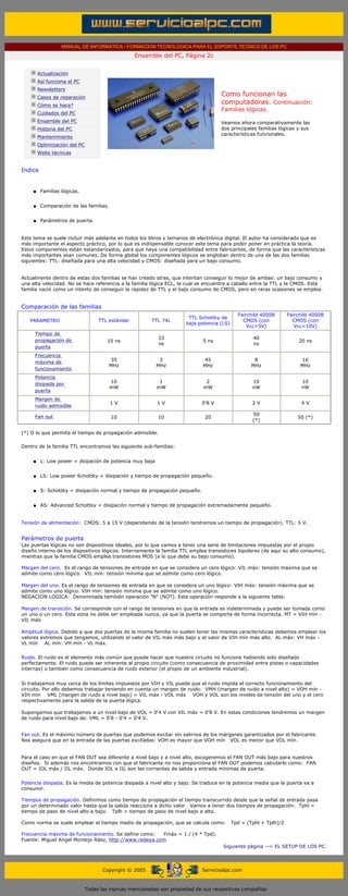 MANUAL DE INFORMATICA / FORMACION TECNOLOGICA PARA EL SOPORTE TECNICO DE LOS PC
                                                               Ensamble del PC, Página 2c
         ....

                     Actualización
                     Así funciona el PC
                     Newsletters
                     Casos de reparación
                                                                                                 Como funcionan las
                     Cómo se hace?
                                                                                                 computadoras. Continuación:
                                                                                                 Familias lógicas.
                     Cuidados del PC
                     Ensamble del PC                                                             Veamos ahora comparativamente las
                     Historia del PC                                                             dos principales familias lógicas y sus
                                                                                                 características funcionales.
                     Mantenimiento
                     Optimización del PC
                     Webs técnicas

         .........
       Indice
       ....


                 q    Familias lógicas.


                 q    Comparación de las familias.


                 q    Parámetros de puerta.


       Este tema se suele incluir más adelante en todos los libros y temarios de electrónica digital. El autor ha considerado que es
       más importante el aspecto práctico, por lo que es indispensable conocer este tema para poder poner en práctica la teoría.
       Estos componentes están estandarizados, para que haya una compatibilidad entre fabricantes, de forma que las características
       más importantes sean comunes. De forma global los componentes lógicos se engloban dentro de una de las dos familias
       siguientes: TTL: diseñada para una alta velocidad y CMOS: diseñada para un bajo consumo.
       ....
       Actualmente dentro de estas dos familias se han creado otras, que intentan conseguir lo mejor de ambas: un bajo consumo y
       una alta velocidad. No se hace referencia a la familia lógica ECL, la cual se encuentra a caballo entre la TTL y la CMOS. Esta
       familia nació como un intento de conseguir la rapidez de TTL y el bajo consumo de CMOS, pero en raras ocasiones se emplea.


       Comparación de las familias
                                                                                                        Fairchild 4000B      Fairchild 4000B
                                                                                   TTL Schottky de
                PARAMETRO                       TTL estándar         TTL 74L                              CMOS (con            CMOS (con
                                                                                  baja potencia (LS)
                                                                                                            Vcc=5V)             Vcc=10V)
                 Tiempo de
                 propagación de                                        33                                     40
                                                   10 ns                                 5 ns                                     20 ns
                                                                       ns                                     ns
                 puerta
                 Frecuencia
                                                      35               3                  45                  8                    16
                 máxima de
                                                     MHz              MHz                MHz                 MHz                  MHz
                 funcionamiento
                 Potencia
                 disipada por                        10                 1                 2                   10                   10
                                                     mW                mW                mW                   nW                   nW
                 puerta
                 Margen de
                                                     1V                1V                0'8 V                2V                   4V
                 ruido admisible
                                                                                                              50
                 Fan out                             10                10                 20                                     50 (*)
                                                                                                              (*)
....
       (*) O lo que permita el tiempo de propagación admisible.

       Dentro de la familia TTL encontramos las siguiente sub-familias:


                 q    L: Low power = dsipación de potencia muy baja


                 q    LS: Low power Schottky = disipación y tiempo de propagación pequeño.


                 q    S: Schottky = disipación normal y tiempo de propagación pequeño.


                 q    AS: Advanced Schottky = disipación normal y tiempo de propagación extremadamente pequeño.


       Tensión de alimentación: CMOS: 5 a 15 V (dependiendo de la tensión tendremos un tiempo de propagación). TTL: 5 V.
       ....
       Parámetros de puerta
       Las puertas lógicas no son dispositivos ideales, por lo que vamos a tener una serie de limitaciones impuestas por el propio
       diseño interno de los dispositivos lógicos. Internamente la familia TTL emplea transistores bipolares (de aquí su alto consumo),
       mientras que la familia CMOS emplea transistores MOS (a lo que debe su bajo consumo).
       ....
       Margen del cero. Es el rango de tensiones de entrada en que se considera un cero lógico: VIL máx: tensión máxima que se
       admite como cero lógico. VIL mín: tensión mínima que se admite como cero lógico.
       ....
       Margen del uno. Es el rango de tensiones de entrada en que se considera un uno lógico: VIH máx: tensión máxima que se
       admite como uno lógico. VIH mín: tensión mínima que se admite como uno lógico.
       NEGACION LOGICA: Denominada también operación "N" (NOT). Esta operación responde a la siguiente tabla:
       ....
       Margen de transición. Se corresponde con el rango de tensiones en que la entrada es indeterminada y puede ser tomada como
       un uno o un cero. Esta zona no debe ser empleada nunca, ya que la puerta se comporta de forma incorrecta. MT = VIH mín -
       VIL máx
       ....
       Amplitud lógica. Debido a que dos puertas de la misma familia no suelen tener las mismas características debemos emplear los
       valores extremos que tengamos, utilizando el valor de VIL máx más bajo y el valor de VIH mín más alto. AL máx: VH máx -
       VL mín AL mín: VH mín - VL máx.
       ....
       Ruido. El ruido es el elemento más común que puede hacer que nuestro circuito no funcione habiendo sido diseñado
       perfectamente. El ruido puede ser inherente al propio circuito (como consecuencia de proximidad entre pistas o capacidades
       internas) o también como consecuencia de ruido exterior (el propio de un ambiente industrial).
       ....
       Si trabajamos muy cerca de los límites impuestos por VIH y VIL puede que el ruido impida el correcto funcionamiento del
       circuito. Por ello debemos trabajar teniendo en cuenta un margen de ruido: VMH (margen de ruido a nivel alto) = VOH mín -
       VIH mín VML (margen de ruido a nivel bajo) = VIL máx - VOL máx VOH y VOL son los niveles de tensión del uno y el cero
       respectivamente para la salida de la puerta lógica.
       ....
       Supongamos que trabajamos a un nivel bajo de VOL = 0'4 V con VIL máx = 0'8 V. En estas condiciones tendremos un margen
       de ruido para nivel bajo de: VML = 0'8 - 0'4 = 0'4 V.


       Fan out. Es el máximo número de puertas que podemos excitar sin salirnos de los márgenes garantizados por el fabricante.
       Nos asegura que en la entrada de las puertas excitadas: VOH es mayor que VOH mín VOL es menor que VOL mín.
       ....
       Para el caso en que el FAN OUT sea diferente a nivel bajo y a nivel alto, escogeremos el FAN OUT más bajo para nuestros
       diseños. Si además nos encontramos con que el fabricante no nos proporciona el FAN OUT podemos calcularlo como: FAN
       OUT = IOL máx / IIL máx. Donde IOL e IIL son las corrientes de salida y entrada mínimas de puerta.
       ....
       Potencia disipada. Es la media de potencia disipada a nivel alto y bajo. Se traduce en la potencia media que la puerta va a
       consumir.
       ....
       Tiempos de propagación. Definimos como tiempo de propagación el tiempo transcurrido desde que la señal de entrada pasa
       por un determinado valor hasta que la salida reacciona a dicho valor. Vamos a tener dos tiempos de propagación: Tphl =
       tiempo de paso de nivel alto a bajo. Tplh = tiempo de paso de nivel bajo a alto.
       ....
       Como norma se suele emplear el tiempo medio de propagación, que se calcula como: Tpd = (Tphl + Tplh)/2
       ....
       Frecuencia máxima de funcionamiento. Se define como:        Fmáx = 1 / (4 * Tpd).
       Fuente: Miguel Angel Montejo Ráez, http://www.redeya.com
                                                                                             Siguiente página --> EL SETUP DE LOS PC.
       ....


                                                 Copyright © 2005                        Servicioalpc.com



                                           Todas las marcas mencionadas son propiedad de sus respectivas compañías
 