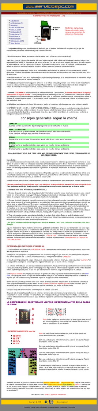 MANUAL DE INFORMATICA / FORMACION TECNOLOGICA PARA EL SOPORTE TECNICO DE LOS PC

                                                     Reparaciones de Impresoras (19)
      ....

                  Actualización
                  Así funciona el PC
                  Newsletters
                  Casos de reparación
                                                                                                    Rellenar cartuchos
                  Cómo se hace?                                                                     Notas adicionales sobre
                  Cuidados del PC                                                                   recarga de cartuchos de
                  Ensamble del PC                                                                   diferentes fabricantes.
                  Historia del PC
                  Mantenimiento
                  Optimización del PC
                  Webs técnicas

      .........

      1. Asegúrese de seguir las instrucciones de rellenado que se refieren a su cartucho en particular, ya que las
      instrucciones pueden ser diferentes según el cartucho utilizado.


      2 El mismo cartucho puede ser rellenado varias veces (de 2 a 5 veces, aproximadamente).

      3 NO RELLENE un cartucho de reserva, que haya dejado de usar hace varios días. Rellene el cartucho (negro o de
      color) INMEDIATAMENTE después de que la tinta se acaba. Ya que la tinta en la esponja del interior de cada cartucho
      se secará y (en el caso de cartuchos con cabeza de impresión integrada) la tobera se obstruirá. Preferiblemente
      rellene el cartucho, cuando el cartucho comienza a fallar, pues aun conserva tinta en su interior.

      4. Los cartuchos que se dejan vacíos en la impresora por algún tiempo se secarán y como consecuencia estarán
      obstruidos. En estas condiciones si son rellenados se producen líneas entrecortadas o una mala impresión, muy difícil
      de solucionar.

      5. No deje el cartucho fuera de la impresora por un período largo de tiempo. Si el almacenamiento es inevitable, ponga
      el cartucho en una bolsa de plástico hermética.

      6. Introduzca completamente la aguja de rellenado en el orificio adecuado y retírelo unos 3 mm. Si esto no es hecho,
      el aire se estancará en la esponja obstruyendo el flujo de la tinta y causando el desbordamiento de la tinta por el
      orificio de rellenado. Como consecuencia, no será posible rellenar la cantidad aconsejada.


      7. Rellene LENTAMENTE solo la cantidad de tinta recomendada. De lo contrario, el aire se estancará en la esponja
      obstruyendo el flujo de la tinta. La tinta puede gotear de la tobera y causar una contaminación o mezcla de colores
      (por ejemplo: el color amarillo entra a la tobera del color cyan. Si los colores están mezclados, usted necesita limpiar el
      cabezal de impresión varias veces. O en su defecto utilizar papel tisúes y colocarlo en el cabezal de impresión para
      que absorba la tinta.

      8. Si hubiera pérdidas de tinta, luego del rellenado, realice la instalación solo después que éstas hubieran cesado.

      9. HP 51626 / 51629 / 51645A / 51640A / 51640C / 51640M / 51640Y son cartuchos controlados por presión de aire.
      La cámara del cartucho está en condición de vacío. Cuando usted rellena de tinta el cartucho, cambia la presión
      interna en el cartucho. Cuando el cartucho está lleno, tiene que restituir la condición de vacío. En caso contrario, la
      tinta goteará después del relleno.


                                    consejos generales segun la marca
             LEXMARK
             Cuando cambie su cartucho dígale al programa que el cartucho es nuevo.

             HEWLLETT PACKARD
             Si el cartucho se queda sin tinta, se quema el circuito electrónico del mismo.
             Trate siempre de dejar algo de tinta en el cartucho.

             EPSON
             Nunca deje su impresora sin cartucho, tenga más de un cartucho recuperado.

             CANON
             Si el cartucho se queda sin tinta o está vacío por mucho tiempo se tapona.
             XEROX
             Si el cartucho se queda sin tinta o está vacío por mucho tiempo se tapona.

         CUALQUIER CARTUCHO QUE TIENE HACE MAS DE UN MES SIN TINTA TIENE POCAS POSIBILIDADES DE
                                          SER RECUPERADO.

      Importante:
      Los cartuchos con cabezal incorporado, están construidos con resistores eléctricos que controlan la corriente de cada
      tobera de salida de tinta. Los valores de resistencia (ohms) de estos resistores deben mantenerse inalterables. Cuando
      se sobrecalientan, el valor de resistencia cambia. Después de muchos sobrecalentamientos, el valor de resistencia
      puede salir del rango aceptado, resultando en baja calidad de impresión, distorsiones de colores o impresiones
      débiles..

      La tinta en el cartucho mantiene a estos resistores refrigerados y previene el sobrecalentamiento. Pero si la tinta en el
      cartucho se acaba cuando la impresora esta imprimiendo, el cartucho se sobrecalienta y el cabezal de impresión se
      dañará. Si esta condición continua, el resistor se puede fundir.

      Esta es la razón por la cual los cartuchos tienen un limite de vida en términos de cuantas veces pueden ser rellenados.

      Cada vez que el cartucho trabaja sin tinta y los resistores se sobrecalientan, se reduce la vida útil del cartucho.
      Para prolongar la vida útil de su cartucho, rellenar el cartucho al primer signo de que la tinta se acaba.

      O mientras tiene tinta. Problemas para el rellenado. :

      1- En caso de que la tinta no salga después de haber rellenado el cartucho, ponga el cartucho sobre un paño o papel
      tisúes, con la tobera hacia abajo y permita que una pequeña cantidad de tinta salga. Espere 2 minutos y limpie la
      tobera de cualquier material extraño, con papel absorbente humedecido.

      2- En caso de que la cabeza de impresión de su cartucho (con cabeza de impresión integrada) este obstruida de tinta
      seca, ponga la parte de la tobera obstruida en un recipiente o plato poco profundo con agua caliente para permitir que
      la tinta seca se salga. Déjelo por 10 minutos o hasta que la tinta comience a salir. Repita este procedimiento si la
      cabeza de impresión permanece obstruida. Luego limpie la tobera de agua con papel absorbente humedecido antes
      de instalarla en la impresora. Efectué el ciclo de limpieza de la cabeza de impresión según las instrucciones del
      manual de la impresora. Si el resultado no es adecuado, repita el procedimiento arriba indicado. Pero en caso de que
      la cabeza de impresión este quemada o destruida, no se puede recuperar por medio de este procedimiento.

      3- Tinta e impurezas pueden acumularse alrededor de la placa de la tobera. Estas no serán limpiadas por el
      procedimiento de limpieza propio de la impresora. Para remover tinta e impurezas acumuladas, limpie cuidadosamente
      la tobera del cartucho con papel absorbente humedecido.

      ¿Por qué la impresora detiene su impresión o anuncia "Falta de Tinta" si he cambiado el cartucho hace poco
      tiempo?

      Algunos modelos de impresora tienen en memoria grabada la cantidad de tinta que usa la impresora por cada copia
      impresa y así calcula cuando se va a terminar la tinta de los cartuchos. Es decir, el fabricante de la impresora ha pre-
      impuesto el límite del volumen de impresión de un cartucho. Por consiguiente, si un cartucho que estaba en uso se
      sacó de la impresora y se reemplazó con un nuevo, la copiadora no se registrará y continuará añadiendo a la cuenta
      anterior las impresiones que realice y aparecerá signo " Falta de Tinta " cuando el límite que tiene en memoria se
      complete. Entonces usted puede reiniciar la impresora y realizar el procedimiento "Reemplazando un Cartucho de
      Tinta Falta de Tinta"



      EXPERIENCIA CON CARTUCHOS HP SERIES 600

      El funcionamiento de un cartucho “CHORRO A TINTA “ realmente es una impresión por burbujas de tinta producidas
      por temperatura en el cabezal.

      Este tipo de cartucho posee una parte de metal con un circuito integrado que lleva una pequeña corriente eléctrica a
      una lamina de cobre con 12 o mas pequeños orificios, a esta parte se le llama “CABEZAL“

      El circuito es refrigerado por la propia tinta cuando esta se acaba, entonces el cartucho esta expuesto a “quemarse” en
      pocas palabras este tipo de cartucho precisa algo de tinta para que se pueda volver a recargar.

      Los orificios del CABEZAL son los responsables de la impresión, hay que entender que cada orificio toma temperatura
      y produce una burbuja de tinta, con el tiempo pequeñas impurezas de tinta reseca se depositan en los bordes de cada
      orificio tapándolo poco a poco, es por eso que las impresoras tienen un programa de limpieza de cabezal.

      Esta limpieza consiste en una pequeña sopapa de goma que sube y baja sobre el cabezal removiendo la tinta semi-
      seca, una vez que el orificio se tapa con tinta realmente seca ya no hay forma de destapar el cabezal. Sabemos de
      algunos que han probado con agua caliente, vapor, en muy pocos casos dio resultado...

      Dentro del cartucho hay pulmones como unas bolsas de aire que son las responsables de mantener el cartucho al
      vacío ocupando el espacio que deja la tinta al salir, cuando un cartucho imprime grisáceo como si tuviera agua es
      probable que se haya dañado estos pulmones, eso es irreparable, por suerte no es frecuente.

      Con poco se puede ahorra mucho, hacer limpieza de cabezal cada tanto.

      Respecto a la limpieza hay dos formas: la externa y la interna: La externa es sumergir solamenete el cabezal del
      cartucho en un liquido limpiador por varias horas -3/4 horas (cuanto mayor tiempo=mejor resultado) y la interna es
      sacar la tinta con continuos lavados de agua destilada ingresando y extrayendo el liquido por los mismos orificios de
      recarga.

      LA COMPROBACION ELECTRICA ES UN PASO IMPORTANTE ANTES DE LA CARGA
      DE TINTA

                                                                       1.   Rojo en A y Negro en 1
                                                                       2.   Negro en B y Rojo en 2
                                                                       3.   Rojo en 3 y NEgro en 4
                                                                       4.   Negro en 5 y Rojo en 6

                                                                  Nota: todos los valores registrados por el tester deben estar entre 3
                                                                  y 4 como resultado, en caso contrario el cabezal del cartucho no
                                                                  esta en condiciones de ser cargado.



        UN TESTEO MAS COMPLETO para los
                                                             Nota: La medición de continuidad es muy facil, recordar tomar una
                  q   HP   26A, G                            punta del multimetro y colocarla en :
                  q   HP   29A, G
                  q   HP   25 A
                  q   HP   49 A                              Con una punta (negra) del multimetro en A y con la otra punta (Roja) ir
                  q   HP   816 A                             tocando los puntos 0 al 12
                  q   HP   33 M

                                                             Con una punta (negra) del multimetro en B y con la otra punta (Roja) ir
                                                             tocando los puntos 13 al 25

                                                             Con una punta (negra) del multimetro en C y con la otra punta (Roja) ir
                                                             tocando los puntos 26 al 38

                                                             Con una punta (negra) del multimetro en D y con la otra punta (Roja) ir
                                                             tocando los puntos 39 al 51

                                                             Si aparece algun valor fuera de lo normal (el inyector esta proximo a
                                                             morir) y si no tiene continuidad (murio !!) y por lo tanto ese inyector no
                                                             funcionara, dependerá de ustedes si realizan la carga o no del mismo.




      Sabemos de casos en que nos cuentan que la tinta empezó saliendo bien y luego no sale más, luego le hace limpieza
      de cabezal y vuelve a pasar lo mismo; este síntoma, es el clásico cartucho con tinta seca en su interior; a medida que
      se usa el cartucho la impureza cristalizada en su interior termina tapando el inyector (la mejor prueba es sacar el
      cartucho batirlo - sacudirlo y colocarlo nuevamente ), si imprime y se vuelve a tapar, nos esta indicando que hay algo
      en su interior !!!

                                                  UNICA SOLUCION: LAVADO INTERIOR del cartucho.
...


                                              Copyright © 2005                         Servicioalpc.com



                                        Todas las marcas mencionadas son propiedad de sus respectivas compañías
 