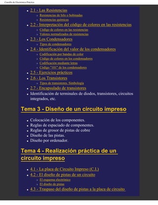Cursillo de Electrónica Práctica


                        q   2.1 - Las Resistencias
                                   r   Resistencias de hilo o bobinadas
                                   r   Resistencias químicas
                        q   2.2 - Interpretación del código de colores en las resistencias
                                   r   Código de colores en las resistencias
                                   r   Valores normalizados de resistencias
                        q   2.3 - Los Condensadores
                                   r   Tipos de condensadores
                        q   2.4 - Identificación del valor de los condensadores
                                   r   Codificación por bandas de color
                                   r   Código de colores en los condensadores
                                   r   Codificación mediante letras
                                   r   Código "101" de los condensadores
                        q   2.5 - Ejercicios prácticos
                        q   2.6 - Los Transistores
                                   r   Tipos de transistores. Simbología
                        q   2.7 - Encapsulado de transistores
                        q   Identificación de terminales de diodos, transistores, circuitos
                            integrados, etc.

                 Tema 3 - Diseño de un circuito impreso
                        q   Colocación de los componentes.
                        q   Reglas de espaciado de componentes.
                        q   Reglas de grosor de pistas de cobre
                        q   Diseño de las pistas.
                        q   Diseño por ordenador.

                 Tema 4 - Realización práctica de un
                 circuito impreso
                        q   4.1 - La placa de Circuito Impreso (C.I.)
                        q   4.2 - El diseño de pistas de un circuito
                                   r   El esquema electrónico
                                   r   El diseño de pistas
                        q   4.3 - Traspaso del diseño de pistas a la placa de circuito
 