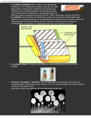Tema 2 - Componentes electrónicos

          3. De poliester metalizado MKT. Suelen tener capacidades
             inferiores a 1 µF y tensiones de trabajo a partir de 63v. Más
             abajo vemos su estructura: dos láminas de policarbonato
             recubierto por un depósito metálico que se bobinan juntas.
             Aquí al lado vemos un detalle de un condensador plano de
             este tipo, donde se observa que es de 0.033 µF y 250v. (Inscripción: 0.033 K/ 250 MKT).
          4. De poliéster. Son similares a los anteriores, aunque con un proceso de fabricación algo
             diferente. En ocasiones este tipo de condensadores se presentan en forma plana y llevan sus
             datos impresos en forma de bandas de color, recibiendo comúnmente el nombre de
             condensadores "de bandera". Su capacidad suele ser como máximo de 470 nF.




          5. De poliéster tubular. Similares a los anteriores, pero enrollados de forma normal, sin
             aplastar.




          6. Cerámico "de lenteja" o "de disco". Son los cerámicos más corrientes. Sus valores de
             capacidad están comprendidos entre 0.5 pF y 47 nF. En ocasiones llevan sus datos impresos
             en forma de bandas de color.
             Aquí abajo vemos unos ejemplos de condensadores de este tipo.
 