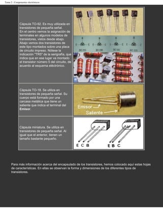Tema 2 - Componentes electrónicos




              Cápsula TO-92. Es muy utilizada en
              transistores de pequeña señal.
              En el centro vemos la asignación de
              terminales en algunos modelos de
              transistores, vistos desde abajo.
              Abajo vemos dos transistores de
              este tipo montados sobre una placa
              de circuito impreso. Nótese la
              indicación "TR5" de la serigrafía, que
              indica que en ese lugar va montado
              el transistor número 5 del circuito, de
              acuerdo al esquema eléctrónico.




              Cápsula TO-18. Se utiliza en
              transistores de pequeña señal. Su
              cuerpo está formado por una
              carcasa metálica que tiene un
              saliente que indica el terminal del
              Emisor.




              Cápsula miniatura. Se utiliza en
              transistores de pequeña señal. Al
              igual que el anterior, tienen un
              tamaño bastante pequeño.




      Para más información acerca del encapsulado de los transistores, hemos colocado aquí estas hojas
      de características. En ellas se observan la forma y dimensiones de los diferentes tipos de
      transistores.
 