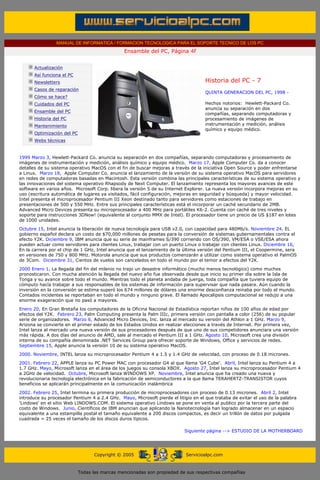 MANUAL DE INFORMATICA / FORMACION TECNOLOGICA PARA EL SOPORTE TECNICO DE LOS PC
                                                      Ensamble del PC, Página 4f
 ....

             Actualización
             Así funciona el PC
             Newsletters                                                                 Historia del PC - 7
                                                                                         .........
             Casos de reparación
                                                                                         QUINTA GENERACION DEL PC, 1998 -
             Cómo se hace?                                                               .........
             Cuidados del PC                                                             Hechos notorios: Hewlett-Packard Co.
                                                                                         anuncia su separación en dos
             Ensamble del PC
                                                                                         compañías, separando computadoras y
             Historia del PC                                                             procesamiento de imágenes de
             Mantenimiento                                                               instrumentación y medición, análisis
                                                                                         químico y equipo médico.
             Optimización del PC
             Webs técnicas

 .........
1999 Marzo 3, Hewlett-Packard Co. anuncia su separación en dos compañías, separando computadoras y procesamiento de
imágenes de instrumentación y medición, análisis químico y equipo médico. Marzo 17, Apple Computer Co. da a conocer
detalles de su sistema operativo MacOS con el fin de buscar mejoras a través de la iniciativa Open Source y poder enfrentarse
a Linux. Marzo 18, Apple Computer Co. anuncia el lanzamiento de la versión de su sistema operativo MacOS para servidores
en redes de computadoras basadas en Macintosh. Esta versión combina las principales características de su sistema operativo y
las innovaciones del sistema operativo Rhapsody de Next Computer. El lanzamiento representa los mayores avances de este
software en varios años. Microsoft Corp. libera la versión 5 de su Internet Explorer. La nueva versión incorpora mejoras en su
uso (escritura automática de lugares ya visitados, fácil configuración, mejoras en seguridad y búsqueda) y mayor velocidad.
Intel presenta el microprocesador Pentium III Xeon destinado tanto para servidores como estaciones de trabajo en
presentaciones de 500 y 550 MHz. Entre sus principales características está el incorporar un caché secundario de 2MB.
Advanced Micro Devices presenta su microprocesador a 400 MHz para portátiles K6-2. Cuenta con caché de tres niveles y
soporte para instrucciones 3DNow! (equivalente al conjunto MMX de Intel). El procesador tiene un precio de US $187 en lotes
de 1000 unidades.

Octubre 15, Intel anuncia la liberación de nueva tecnología para USB v2.0, con capacidad para 480Mb/s. Noviembre 24, EL
gobierno español declara un costo de $70,000 millones de pesetas para la conversión de sistemas gubernamentales contra el
efecto Y2K. Diciembre 9, IBM anuncia que su serie de mainframes S/390 corriendo con OS/390, VM/ESA o VSE/ESA ahora
pueden actuar como servidores para clientes Linux, trabajar con un puerto Linux o trabajar con clientes Linux. Diciembre 16,
En la carrera por el chip de 1 GHz, Intel anuncia que el lanzamiento de la última versión del Pentium III, el Coopermine, sera
en versiones de 750 y 800 MHz. Motorola anuncia que sus productos comenzarán a utilizar como sistema operativo el PalmOS
de 3Com. Diciembre 31, Cientos de vuelos son cancelados en todo el mundo por el temor a efectos del Y2K.
2000 Enero 1, La llegada del fin del milenio no trajo un desastre informático (mucho menos tecnológico) como muchos
pronosticaron. Con mucha atención la llegada del nuevo año fue observada desde que inicio su primer día sobre la Isla de
Tonga y su avance sobre todo el mundo. Mientras todo el planeta andaba de juerga, toda compañía que tuviera equipo de
cómputo hacía trabajar a sus responsables de los sistemas de información para supervisar que nada pasara. Aún cuando la
inversión en la conversión se estima superó los 674 millones de dólares una enorme desconfianza reinaba por todo el mundo.
Contados incidentes se reportaban en todo el mundo y ninguno grave. El llamado Apocalipsis computacional se redujo a una
enorme exageración que no pasó a mayores.

Enero 20, En Gran Bretaña los computadores de la Oficina Nacional de Estadística reportan niños de 100 años de edad por
efectos del Y2K. Febrero 23, Palm Computing presenta la Palm IIIc, primera versión con pantalla a color (256) de su popular
serie de organizadores. Marzo 6, Advanced Micro Devices, Inc. lanza al mercado su versión del Athlon a 1 GHz. Marzo 9,
Arizona se convierte en el primer estado de los Estados Unidos en realizar elecciones a través de Internet. Por primera vez,
Intel lanza al mercado una nueva versión de sus procesadores después de que uno de sus competidores anunciara una versión
más rápida. A dos días del anuncio de AMD, sale al mercado el Pentium III a 1 GHz. Agosto 10, Microsoft crea una división
interna de su compañía denominada .NET Services Group para ofrecer soporte de Windows, Office y servicios de redes.
Septiembre 15, Apple anuncia la versión 10 de su sistema operativo MacOS.
2000. Noviembre, INTEL lanza su microprocesador Pentium 4 a 1.5 y 1.4 GHz de velocidad, con proceso de 0.18 micrones.

2001. Febrero 22, APPLE lanza su PC Power MAC con procesador G4 al que llama 'G4 Cube'. Abril, Intel lanza su Pentium 4 a
1.7 GHz. Mayo, Microsoft lanza en el área de los juegos su consola XBOX. Agosto 27, Intel lanza su microprocesador Pentium 4
a 2GHz de velocidad. Octubre, Microsoft lanza WINDOWS XP. Noviembre, Intel anuncia que ha creado una nueva y
revolucionaria tecnología electrónica en la fabricación de semiconductores a la que llama TERAHERTZ-TRANSISTOR cuyos
beneficios se aplicarán principalmente en la comunicación inalámbrica
2002. Febrero 25, Intel termina su primera producción de microprocesadores con proceso de 0.13 micrones. Abril 2, Intel
introduce su procesador Pentium 4 a 2.4 GHz. Mayo, Microsoft pierde el litigio en el que trataba de evitar el uso de la palabra
'Lindows' en el sitio Web LINDOWS.COM. El sistema operativo Lindows se pone en venta al publico por la tercera parte del
costo de Windows. Junio, Científicos de IBM anuncian que aplicando la Nanotecnología han logrado almacenar en un espacio
equivalente a una estampilla postal el tamaño equivalente a 200 discos compactos, es decir un trillón de datos por pulgada
cuadrada = 25 veces el tamaño de los discos duros tipicos.
                                                                   .........
                                                                                Siguiente página --> ESTUDIO DE LA MOTHERBOARD




                                         Copyright © 2005                       Servicioalpc.com



                                   Todas las marcas mencionadas son propiedad de sus respectivas compañías
 