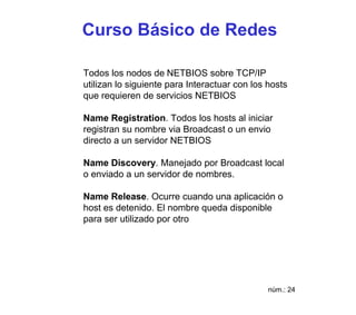 Curso Básico de Redes

Todos los nodos de NETBIOS sobre TCP/IP
utilizan lo siguiente para Interactuar con los hosts
que requieren de servicios NETBIOS

Name Registration. Todos los hosts al iniciar
registran su nombre via Broadcast o un envio
directo a un servidor NETBIOS

Name Discovery. Manejado por Broadcast local
o enviado a un servidor de nombres.

Name Release. Ocurre cuando una aplicación o
host es detenido. El nombre queda disponible
para ser utilizado por otro




                                               núm.: 24
 