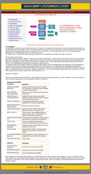 MANUAL DE INFORMATICA / FORMACION TECNOLOGICA PARA EL SOPORTE TECNICO DE LOS PC
                                                                         Ensamble del PC, Página 5a
              ....

                          Actualización
                          Así funciona el PC
                          Newsletters
                          Casos de reparación                                                                   La motherboard ( main
                          Cómo se hace?                                                                         board, placa base o placa
                          Cuidados del PC                                                                       principal del PC).
                          Ensamble del PC                                                                       Continuación: EL CHIPSET
                                                                                                                .........
                          Historia del PC                                                                       .........
                          Mantenimiento
                          Optimización del PC
                          Webs técnicas

              .........
                                                Arquitectura y Teoría de funcionamiento de la Motherboard.
             2. El Chipset.
             Un elemento importante en las motherboards es un conjunto de componentes electrónicos (chips) conocido como Chipset. Su
             función básica es la de trabajar como una interface entre los componentes que constituyen una motherboard. Muchos grandes
             fabricantes de hardware entre los que se cuentan Intel, Via, Sis, etc., crean chipsets para que otros manufactureros los
             integren en sus motherboards (Asus, PC Chips, Soyo, etc.).
             Los chipsets no son solamente utiles para motherboards, los hay tambien para placas de video y modems.
             ..........
             Características del Chipset.
             Las diferentes acciones que realiza un Chipset varían según el fabricante: control para puertos USB, control de comunicación
             IDE- ATA, control de video integrado, soporte para comunicacion hyper threading, soporte para trabajo con procesadores de
             diferentes velocidades, rango y tipo de memoria Ram soportado, etc. Estas características deberían analizarse a la hora de
             adquirir una Motherboard, sopesando las prestaciones sobre el precio.
             La ventaja practica del Chipset se observa cuando permite utilizar una misma Motherboard con distintos microprocesadores y
             cuando evita rutinas de verificación de compatibilidad entre componentes. Los fabricantes de motherboards usualmente
             colocan las características de las motherboards (que a la larga vienen a ser las características del Chipset instalado en la placa
             base), en el Manual técnico de la misma. estas se sintetizan en: tipos de procesadores soportados, tipo y rango de memoria
             Ram, soporte para bus IDE, soporte USB, soporte grafico, etc.
             ..........
             Ejemplo de Chipset.


             Veamos un Chipset del fabricante INTEL, quien desde los años 1994 (chipset Neptune) y 1995 (chipsets Tritón para Pentiums)
             viene creando Chipsets para microprocesadores Celeron y Pentium.

               Chipset Intel 845GV
               FEATURES                         BENEFITS
               533MHz and 400MHz                Supports platform longevity with the highest
               System Bus                       CPU frequencies. Increases system bandwidth
                                                for greater responsiveness.
               Hyper-Threading                  Delivers increased system responsiveness and
               Technology Support               performance.
               478-pin Processor                Supports the highest performance Intel®
               PackageCompatibility             desktop processors with the flexibility to support
                                                other 478-pin Intel processors.
               Intel® Hub Architecture          Dedicated data paths deliver maximum
                                                bandwidth for I/O-intensive applications.
               DDR333/266/200/PC133
                                                Wide range of memory choices.
               SDRAM Support
               Intel® Extreme Graphics          Delivers the latest in digital entertainment
                                                without the expense of a graphics card
               Alert on LAN* 2.0                Emits an alert in case of software failures or
                                                system intrusion, even when the O/S is not
                                                present or the system is suspended.
               Integrated Hi-Speed USB          Six ports offer up to 480Mb/s, enabling ultra-fast
               2.0                              data transfers for demanding I/O peripherals.
               Ultra ATA/100                    Takes advantage of the latest industry
                                                innovations in HDD features and performance.
               Intel® Application               Software that helps to accelerate boot time and
               Accelerator                      application launch times.
               AC'97 Controller                 Supports Dolby* Digital 5.1 surround sound,
                                                delivering six channels of enhanced sound
                                                quality.
               Communications Network           Allows flexibility for multiple configurations on a
               Riser Card                       single card to extend USB, LAN, and audio.
               Low-power sleep mode             Saves energy.


               PRODUCT                          PACKAGE
               Intel® Pentium® 4
                                                478 Flip Chip Pin Grid Array (FCPGA)
               Processor
               Intel® 82845GV GMCH              760 Flip Chip Pin Grid Array (FCBGA)
               Intel® 82801DB ICH4              421 Micro Ball Grid Array (MBGA)
..........
            Como puede verse este conjunto permite a la motherboard que lo utilice: soporte para trabajo con buses de 533MHz y 400
            Mhz, soporte para tecnología hyper threading (mayor ganancia en el rendimiento del procesador), soporte para memoria DDR,
            proteccion de conexión en red, soporte USB 2.0, soporte para audio, ahorro de energía, procesadores Intel de 478 pines de
            diversos rangos.
     ..........


                                                        Copyright © 2005                              Servicioalpc.com



                                                 Todas las marcas mencionadas son propiedad de su respectiva compañía
 