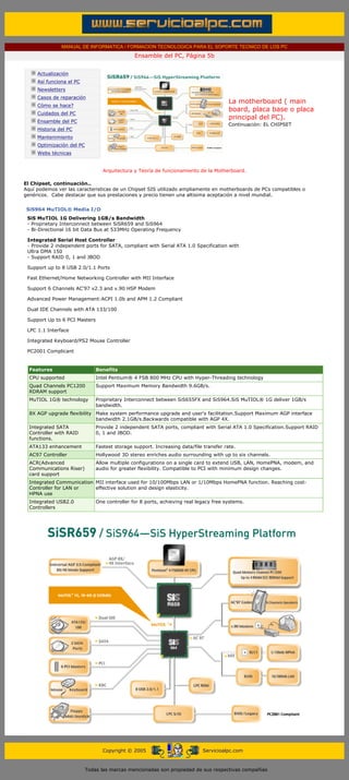 MANUAL DE INFORMATICA / FORMACION TECNOLOGICA PARA EL SOPORTE TECNICO DE LOS PC
                                                                    Ensamble del PC, Página 5b
              ....

                          Actualización
                          Así funciona el PC
                          Newsletters
                          Casos de reparación
                                                                                                             La motherboard ( main
                          Cómo se hace?
                                                                                                             board, placa base o placa
                          Cuidados del PC
                                                                                                             principal del PC).
                          Ensamble del PC
                                                                                                             Continuación: EL CHIPSET
                          Historia del PC
                          Mantenimiento
                          Optimización del PC
                          Webs técnicas

              .........
                                                       Arquitectura y Teoría de funcionamiento de la Motherboard.
..........
              El Chipset, continuación..
              Aquí podemos ver las caracteristicas de un Chipset SIS utilizado ampliamente en motherboards de PCs compatibles o
              genéricos. Cabe destacar que sus prestaciones y precio tienen una altisima aceptación a nivel mundial.
     ..........
                  SiS964 MuTIOL® Media I/O
                  SiS MuTIOL 1G Delivering 1GB/s Bandwidth
                  - Proprietary Interconnect between SiSR659 and SiS964
                  - Bi-Directional 16 bit Data Bus at 533MHz Operating Frequency

                  Integrated Serial Host Controller
                  - Provide 2 independent ports for SATA, compliant with Serial ATA 1.0 Specification with
                  Ultra DMA 150
                  - Support RAID 0, 1 and JBOD

                  Support up to 8 USB 2.0/1.1 Ports

                  Fast Ethernet/Home Networking Controller with MII Interface

                  Support 6 Channels AC'97 v2.3 and v.90 HSP Modem

                  Advanced Power Management:ACPI 1.0b and APM 1.2 Compliant

                  Dual IDE Channels with ATA 133/100

                  Support Up to 6 PCI Masters

                  LPC 1.1 Interface

                  Integrated Keyboard/PS2 Mouse Controller

                  PC2001 Complicant


                  Features                          Benefits
                  CPU supported                     Intel Pentium® 4 FSB 800 MHz CPU with Hyper-Threading technology
                  Quad Channels PC1200              Support Maximum Memory Bandwidth 9.6GB/s.
                  RDRAM support
                  MuTIOL 1G® technology             Proprietary Interconnect between SiS655FX and SiS964.SiS MuTIOL® 1G deliver 1GB/s
                                                    bandwidth.
                  8X AGP upgrade flexibility Make system performance upgrade and user's facilitation.Support Maximum AGP interface
                                             bandwidth 2.1GB/s.Backwards compatible with AGP 4X.
                  Integrated SATA                   Provide 2 independent SATA ports, compliant with Serial ATA 1.0 Specification.Support RAID
                  Controller with RAID              0, 1 and JBOD.
                  functions.
                  ATA133 enhancement                Fastest storage support. Increasing data/file transfer rate.
                  AC97 Controller                   Hollywood 3D stereo enriches audio surrounding with up to six channels.
                  ACR(Advanced                      Allow multiple configurations on a single card to extend USB, LAN, HomePNA, modem, and
                  Communications Riser)             audio for greater flexibility. Compatible to PCI with minimum design changes.
                  card support
                  Integrated Communication MII interface used for 10/100Mbps LAN or 1/10Mbps HomePNA function. Reaching cost-
                  Controller for LAN or    effective solution and design elasticity.
                  HPNA use
                  Integrated USB2.0                 One controller for 8 ports, achieving real legacy free systems.
                  Controllers




     ..........


                                                      Copyright © 2005                           Servicioalpc.com



                                                Todas las marcas mencionadas son propiedad de sus respectivas compañías
 