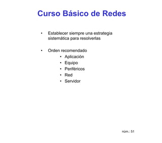Curso Básico de Redes

•   Establecer siempre una estrategia
    sistemática para resolverlas

•   Orden recomendado
         • Aplicación
         • Equipo
         • Periféricos
         • Red
         • Servidor




                                        núm.: 51
 