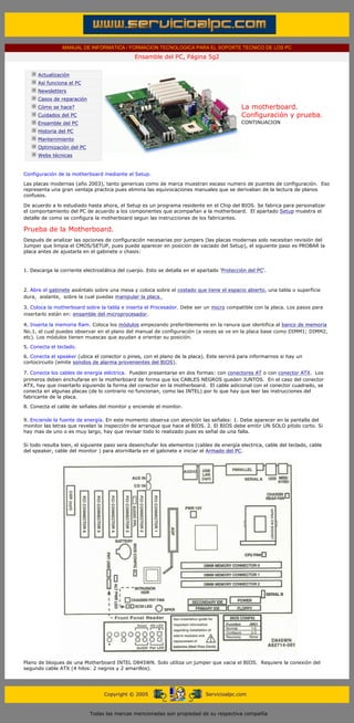 MANUAL DE INFORMATICA / FORMACION TECNOLOGICA PARA EL SOPORTE TECNICO DE LOS PC
                                                          Ensamble del PC, Página 5g2
       ....

                   Actualización
                   Así funciona el PC
                   Newsletters
                   Casos de reparación
                   Cómo se hace?                                                                   La motherboard.
                   Cuidados del PC                                                                 Configuración y prueba.
                   Ensamble del PC                                                                 CONTINUACION..
                   Historia del PC
                   Mantenimiento
                   Optimización del PC
                   Webs técnicas

       .........
       Configuración de la motherboard mediante el Setup.

       Las placas modernas (año 2003), tanto genericas como de marca muestran escaso numero de puentes de configuración. Eso
       representa una gran ventaja practica pues elimina las equivocaciones manuales que se derivaban de la lectura de planos
       confusos.

       De acuerdo a lo estudiado hasta ahora, el Setup es un programa residente en el Chip del BIOS. Se fabrica para personalizar
       el comportamiento del PC de acuerdo a los componentes que acompañan a la motherboard. El apartado Setup muestra el
       detalle de como se configura la motherboard segun las instrucciones de los fabricantes.

       Prueba de la Motherboard.
       Después de analizar las opciones de configuración necesarias por jumpers (las placas modernas solo necesitan revisión del
       Jumper que limpia el CMOS/SETUP, pues puede aparecer en posición de vaciado del Setup), el siguiente paso es PROBAR la
       placa antes de ajustarla en el gabinete o chasis:


       1. Descarga la corriente electrostática del cuerpo. Esto se detalla en el apartado 'Protección del PC'.



       2. Abre el gabinete asiéntalo sobre una mesa y coloca sobre el costado que tiene el espacio abierto, una tabla o superficie
       dura, aislante, sobre la cual puedas manipular la placa.

       3. Coloca la motherboard sobre la tabla e inserta el Procesador. Debe ser un micro compatible con la placa. Los pasos para
       insertarlo están en: ensamble del microprocesador.

       4. Inserta la memoria Ram. Coloca los módulos empezando preferiblemente en la ranura que identifica al banco de memoria
       No.1, el cual puedes observar en el plano del manual de configuración (a veces se ve en la placa base como DIMM1; DIMM2,
       etc). Los módulos tienen muescas que ayudan a orientar su posición.
       5. Conecta el teclado.

       6. Conecta el speaker (ubica el conector o pines, con el plano de la placa). Este servirá para informarnos si hay un
       cortocircuito (emite sonidos de alarma provenientes del BIOS).

       7. Conecta los cables de energía eléctrica. Pueden presentarse en dos formas: con conectores AT o con conector ATX. Los
       primeros deben enchufarse en la motherboard de forma que los CABLES NEGROS queden JUNTOS. En el caso del conector
       ATX, hay que insertarlo siguiendo la forma del conector en la motherboard. El cable adicional con el conector cuadrado, se
       conecta en algunas placas (de lo contrario no funcionan, como las INTEL) por lo que hay que leer las instrucciones del
       fabricante de la placa.
       8. Conecta el cable de señales del monitor y enciende el monitor.

       9. Enciende la fuente de energía. En este momento observa con atención las señales: 1. Debe aparecer en la pantalla del
       monitor las letras que revelan la inspección de arranque que hace el BIOS. 2. El BIOS debe emitir UN SOLO pitido corto. Si
       hay mas de uno o es muy largo, hay que revisar todo lo realizado pues es señal de una falla.

       Si todo resulta bien, el siguiente paso sera desenchufar los elementos (cables de energía electrica, cable del teclado, cable
       del speaker, cable del monitor ) para atornillarla en el gabinete e iniciar el Armado del PC.




       Plano de bloques de una Motherboard INTEL D845WN. Solo utiliza un jumper que vacia el BIOS. Requiere la conexión del
       segundo cable ATX (4 hilos: 2 negros y 2 amarillos).
....


                                              Copyright © 2005                       Servicioalpc.com



                                         Todas las marcas mencionadas son propiedad de su respectiva compañía
 