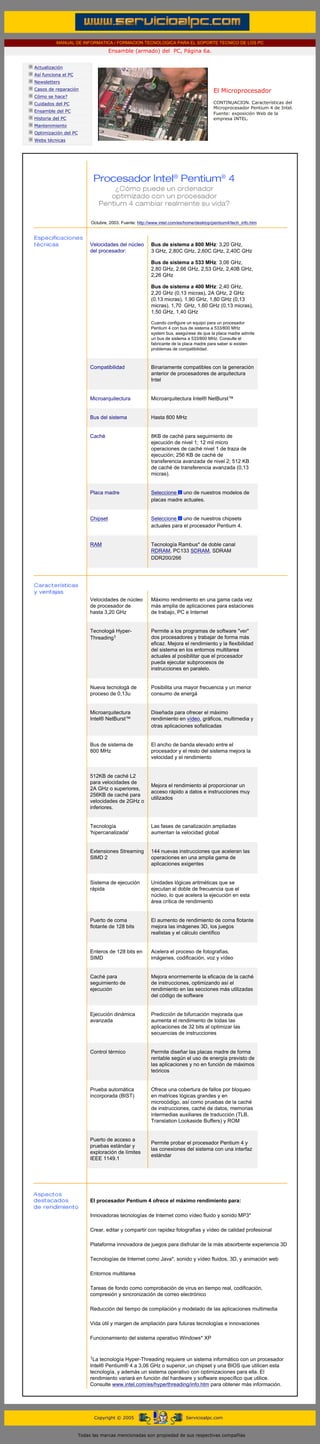 MANUAL DE INFORMATICA / FORMACION TECNOLOGICA PARA EL SOPORTE TECNICO DE LOS PC
                                                 Ensamble (armado) del PC, Página 6a.
....

            Actualización
            Así funciona el PC
            Newsletters
            Casos de reparación                                                                    El Microprocesador
            Cómo se hace?                                                                          ....
            Cuidados del PC                                                                        CONTINUACION. Características del
                                                                                                   Microprocesador Pentium 4 de Intel.
            Ensamble del PC
                                                                                                   Fuente: exposición Web de la
            Historia del PC                                                                        empresa INTEL.
            Mantenimiento
            Optimización del PC
            Webs técnicas

.........




                                       Octubre, 2003. Fuente: http://www.intel.com/es/home/desktop/pentium4/tech_info.htm




                                       Velocidades del núcleo       Bus de sistema a 800 MHz: 3,20 GHz,
                                       del procesador:              3 GHz, 2,80C GHz, 2,60C GHz, 2,40C GHz

                                                                    Bus de sistema a 533 MHz: 3,06 GHz,
                                                                    2,80 GHz, 2,66 GHz, 2,53 GHz, 2,40B GHz,
                                                                    2,26 GHz

                                                                    Bus de sistema a 400 MHz: 2,40 GHz,
                                                                    2,20 GHz (0,13 micras), 2A GHz, 2 GHz
                                                                    (0,13 micras), 1,90 GHz, 1,80 GHz (0,13
                                                                    micras), 1,70 GHz, 1,60 GHz (0,13 micras),
                                                                    1,50 GHz, 1,40 GHz

                                                                    Cuando configure un equipo para un procesador
                                                                    Pentium 4 con bus de sistema a 533/800 MHz
                                                                    system bus, asegúrese de que la placa madre admite
                                                                    un bus de sistema a 533/800 MHz. Consulte el
                                                                    fabricante de la placa madre para saber si existen
                                                                    problemas de compatibilidad.



                                       Compatibilidad               Binariamente compatibles con la generación
                                                                    anterior de procesadores de arquitectura
                                                                    Intel


                                       Microarquitectura            Microarquitectura Intel® NetBurst™


                                       Bus del sistema              Hasta 800 MHz


                                       Caché                        8KB de caché para seguimiento de
                                                                    ejecución de nivel 1; 12 mil micro
                                                                    operaciones de caché nivel 1 de traza de
                                                                    ejecución; 256 KB de caché de
                                                                    transferencia avanzada de nivel 2; 512 KB
                                                                    de caché de transferencia avanzada (0,13
                                                                    micras).


                                       Placa madre                  Seleccione uno de nuestros modelos de
                                                                    placas madre actuales.


                                       Chipset                      Seleccione uno de nuestros chipsets
                                                                    actuales para el procesador Pentium 4.


                                       RAM                          Tecnología Rambus* de doble canal
                                                                    RDRAM, PC133 SDRAM, SDRAM
                                                                    DDR200/266




                                       Velocidades de núcleo        Máximo rendimiento en una gama cada vez
                                       de procesador de             más amplia de aplicaciones para estaciones
                                       hasta 3,20 GHz               de trabajo, PC e Internet


                                       Tecnologá Hyper-             Permite a los programas de software "ver"
                                       Threading1                   dos procesadores y trabajar de forma más
                                                                    eficaz. Mejora el rendimiento y la flexibilidad
                                                                    del sistema en los entornos multitarea
                                                                    actuales al posibilitar que el procesador
                                                                    pueda ejecutar subprocesos de
                                                                    instrucciones en paralelo.


                                       Nueva tecnologá de           Posibilita una mayor frecuencia y un menor
                                       proceso de 0,13u             consumo de energá


                                       Microarquitectura            Diseñada para ofrecer el máximo
                                       Intel® NetBurst™             rendimiento en vídeo, gráficos, multimedia y
                                                                    otras aplicaciones sofisticadas


                                       Bus de sistema de            El ancho de banda elevado entre el
                                       800 MHz                      procesador y el resto del sistema mejora la
                                                                    velocidad y el rendimiento


                                       512KB de caché L2
                                       para velocidades de
                                                                    Mejora el rendimiento al proporcionar un
                                       2A GHz o superiores,
                                                                    acceso rápido a datos e instrucciones muy
                                       256KB de caché para
                                                                    utilizados
                                       velocidades de 2GHz o
                                       inferiores.


                                       Tecnología                   Las fases de canalización ampliadas
                                       'hipercanalizada'            aumentan la velocidad global


                                       Extensiones Streaming        144 nuevas instrucciones que aceleran las
                                       SIMD 2                       operaciones en una amplia gama de
                                                                    aplicaciones exigentes


                                       Sistema de ejecución         Unidades lógicas aritméticas que se
                                       rápida                       ejecutan al doble de frecuencia que el
                                                                    núcleo, lo que acelera la ejecución en esta
                                                                    área crítica de rendimiento


                                       Puerto de coma               El aumento de rendimiento de coma flotante
                                       flotante de 128 bits         mejora las imágenes 3D, los juegos
                                                                    realistas y el cálculo científico


                                       Enteros de 128 bits en       Acelera el proceso de fotografías,
                                       SIMD                         imágenes, codificación, voz y vídeo


                                       Caché para                   Mejora enormemente la eficacia de la caché
                                       seguimiento de               de instrucciones, optimizando así el
                                       ejecución                    rendimiento en las secciones más utilizadas
                                                                    del código de software


                                       Ejecución dinámica           Predicción de bifurcación mejorada que
                                       avanzada                     aumenta el rendimiento de todas las
                                                                    aplicaciones de 32 bits al optimizar las
                                                                    secuencias de instrucciones


                                       Control térmico              Permite diseñar las placas madre de forma
                                                                    rentable según el uso de energía previsto de
                                                                    las aplicaciones y no en función de máximos
                                                                    teóricos


                                       Prueba automática            Ofrece una cobertura de fallos por bloqueo
                                       incorporada (BIST)           en matrices lógicas grandes y en
                                                                    microcódigo, así como pruebas de la caché
                                                                    de instrucciones, caché de datos, memorias
                                                                    intermedias auxiliares de traducción (TLB,
                                                                    Translation Lookaside Buffers) y ROM


                                       Puerto de acceso a
                                                                    Permite probar el procesador Pentium 4 y
                                       pruebas estándar y
                                                                    las conexiones del sistema con una interfaz
                                       exploración de límites
                                                                    estándar
                                       IEEE 1149.1




                                       El procesador Pentium 4 ofrece el máximo rendimiento para:

                                       Innovadoras tecnologías de Internet como vídeo fluido y sonido MP3*

                                       Crear, editar y compartir con rapidez fotografías y vídeo de calidad profesional

                                       Plataforma innovadora de juegos para disfrutar de la más absorbente experiencia 3D

                                       Tecnologías de Internet como Java*, sonido y vídeo fluidos, 3D, y animación web

                                       Entornos multitarea

                                       Tareas de fondo como comprobación de virus en tiempo real, codificación,
                                       compresión y sincronización de correo electrónico

                                       Reducción del tiempo de compilación y modelado de las aplicaciones multimedia

                                       Vida útil y margen de ampliación para futuras tecnologías e innovaciones

                                       Funcionamiento del sistema operativo Windows* XP


                                       1La  tecnología Hyper-Threading requiere un sistema informático con un procesador
                                       Intel® Pentium® 4 a 3,06 GHz o superior, un chipset y una BIOS que utilicen esta
                                       tecnología, y además un sistema operativo con optimizaciones para ella. El
                                       rendimiento variará en función del hardware y software específico que utilice.
                                       Consulte www.intel.com/es/hyperthreading/info.htm para obtener más información.




                                        Copyright © 2005                             Servicioalpc.com



                                  Todas las marcas mencionadas son propiedad de sus respectivas compañías
 