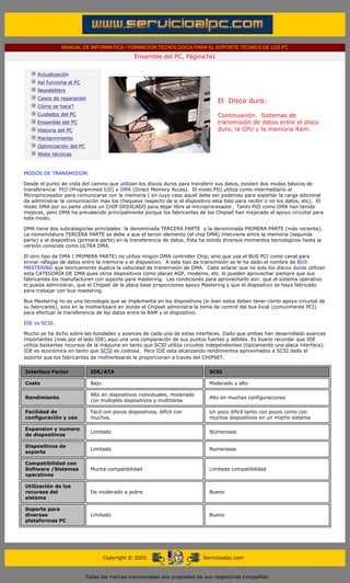 MANUAL DE INFORMATICA / FORMACION TECNOLOGICA PARA EL SOPORTE TECNICO DE LOS PC
                                                       Ensamble del PC, Página7a1
....

            Actualización
            Así funciona el PC
            Newsletters
            Casos de reparación
                                                                                       El Disco duro:
            Cómo se hace?
            Cuidados del PC                                                            Continuación. Sistemas de
            Ensamble del PC                                                            transmisión de datos entre el disco
            Historia del PC                                                            duro, la CPU y la memoria Ram.
            Mantenimiento
            Optimización del PC
            Webs técnicas

.........
MODOS DE TRANSMISION.

Desde el punto de vista del camino que utilizan los discos duros para transferir sus datos, existen dos modos básicos de
transferencia: PIO (Programmed I/O) y DMA (Direct Memory Acces). El modo PIO utiliza como intermediario al
Microprocesador para comunicarse con la memoria ( en cuyo caso aquel debe ser poderoso para soportar la carga adicional
de administrar la comunicación mas los chequeos respecto de si el dispositivo esta listo para recibir o no los datos, etc). El
modo DMA por su parte utiliza un CHIP DEDICADO para dejar libre al microprocesador. Tanto PIO como DMA han tenido
mejoras, pero DMA ha prevalecido principalmente porque los fabricantes de los Chipset han mejorado el apoyo circuital para
este modo.

DMA tiene dos subcategorías principales: la denominada TERCERA PARTE y la denominada PRIMERA PARTE (más reciente).
La nomenclatura TERCERA PARTE se debe a que el tercer elemento (el chip DMA) interviene entre la memoria (segunda
parte) y el dispositivo (primera parte) en la transferencia de datos. Esta ha tenido diversos momentos tecnologicos hasta la
versión conocida como ULTRA DMA.

El otro tipo de DMA ( PRIMERA PARTE) no utiliza ningún DMA controller Chip, sino que usa el BUS PCI como canal para
enviar ráfagas de datos entre la memoria y el dispositivo. A este tipo de transmisión se le ha dado el nombre de BUS
MASTERING que teoricamente duplica la velocidad de transmisión de DMA. Cabe aclarar que no solo los discos duros utilizan
esta CATEGORÍA DE DMA pues otros dispositivos como placas AGP, modems, etc. lo pueden aprovechar siempre que sus
fabricantes los manufacturen con soporte para mastering. Las condiciones para aprovecharlo son: que el sistema operativo
lo pueda administrar, que el Chipset de la placa base proporciones apoyo Mastering y que el dispositivo se haya fabricado
para trabajar con bus mastering.

Bus Mastering no es una tecnología que se implementa en los dispositivos (si bien estos deben tener cierto apoyo circuital de
su fabricante), sino en la motherboard en donde el Chipset administra la toma de control del bus local (comunmente PCI)
para efectuar la transferencia de lso datos entre la RAM y el dispositivo.

IDE vs SCSI.

Mucho se ha dicho sobre las bondades y avances de cada una de estas interfaces. Dado que ambas han desarrollado avances
importantes (mas por el lado IDE) aquí una una comparación de sus puntos fuertes y débiles. Es bueno recordar que IDE
utiliza bastantes recursos de la máquina en tanto que SCSI utiliza circuitos independientes (tipicamente una placa interface).
IDE es económica en tanto que SCSI es costosa. Pero IDE esta alcanzando rendimientos aproximados a SCSI dado el
soporte que los fabricantes de motherboards le proporcionan a través del CHIPSET.

Interface Factor                    IDE/ATA                                         SCSI

Costo                               Bajo                                            Moderado y alto

                                    Alto en dispositivos individuales, moderado
Rendimiento                                                                         Alto en muchas configuraciones
                                    con multiples dispositivos y multitarea

Facilidad de                        Facil con pocos dispositivos, difícil con       Un poco dificil tanto con pocos como con
configuración y uso                 muchos.                                         muchos dispositivos en un mismo sistema

Expansion y numero
                                    Limitado                                        NUmerosos
de dispositivos

Dispositivos de
                                    Limitado                                        Numerosos
soporte

Compatibilidad con
Software /Sistemas                  Mucha compatibilidad                            Limitada compatibilidad
operativos

Utilización de los
recursos del                        De moderado a pobre                             Bueno
sistema

Soporte para
diversas                            Limitado                                        Bueno
plataformas PC




                                           Copyright © 2005                       Servicioalpc.com



                                  Todas las marcas mencionadas son propiedad de sus respectivas compañías
 