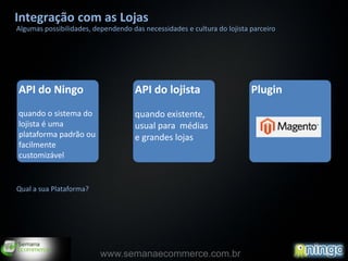 Integração com as Lojas
Algumas possibilidades, dependendo das necessidades e cultura do lojista parceiro




API do Ningo                         API do lojista                      Plugin
quando o sistema do                  quando existente,
lojista é uma                        usual para médias
plataforma padrão ou                 e grandes lojas
facilmente
customizável


Qual a sua Plataforma?




                          www.semanaecommerce.com.br
 