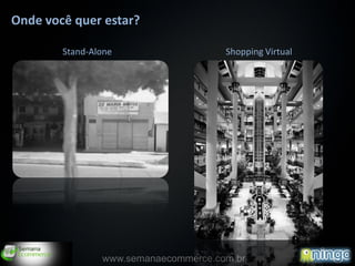 Onde você quer estar?

        Stand-Alone                   Shopping Virtual




                                                         3
                www.semanaecommerce.com.br
 