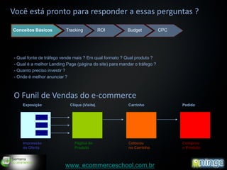 Você está pronto para responder a essas perguntas ?
Conceitos Básicos         Tracking            ROI       Budget            CPC




- Qual fonte de tráfego vende mais ? Em qual formato ? Qual produto ?
- Qual é a melhor Landing Page (página do site) para mandar o tráfego ?
- Quanto preciso investir ?
- Onde é melhor anunciar ?



O Funil de Vendas do e-commerce
    Exposição               Clique (Visita)              Carrinho               Pedido




    Impressão                 Página do                  Colocou                Comprou
    da Oferta                 Produto                    no Carrinho            o Produto



                                                                                            7
                         www. ecommerceschool.com.br
 