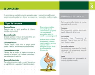 Ficha



EL CONCRETO                                                                                                                          8
El concreto es la mezcla de cemento, agregados, agua y eventualmente aditivos en
proporciones adecuadas, para obtener las resistencias y propiedades predeterminadas.    COMPONENTES DEL CONCRETO:


                                                                                        Es importante realizar diseño de mezclas
  Tipos de concreto:                                                                    para cada tipo de concreto.
Concreto Simple:                                          Deberás tomar medidas
                                                          para impedir que se           Cemento:
Concreto que no tiene armadura de refuerzo
                                                          contaminen los agregados      Es el componente básico y determinante
(veredas, pavimentos).
                                                          con orina, bebidas            para la elaboración del concreto.
                                                          azucaradas, restos de
Concreto Armado:
                                                          comida y basura en general.   Agregados:
Concreto que tiene armadura de refuerzo (ﬁerro) para
resistir esfuerzos (columnas, vigas, techo).                                            Agregados finos: Provenientes de
                                                          No debe usarse agua de        canteras. Pasan el tamiz de 3/8” (9.5
                                                          acequia o que contenga
Concreto Ciclópeo:                                                                      mm). Arenas gruesas.
                                                          materia orgánica tampoco
Concreto simple a cuya masa se agrega grandes             agua con jabón o
piedras o bloques. No contiene armadura (cimiento).       detergente, ya que afecta     Agregados gruesos:
                                                          la resistencia final          Constituidos por grava natural o triturada
Concreto Premezclado:                                     del concreto.                 semiangular y de textura rugosa, piedra de
Concreto que se dosiﬁca en planta, que puede ser                                        1/2”, 3/8”, 3/4” ó 1”.
mezclado en la misma o en camiones mezcladores y
que es transportado a la obra.                                                          Agua:
                                                                                        El agua empleada para la preparación del
Concreto Prefabricado:                                                                  concreto deberá ser potable.
Elementos de concreto simple o armado, fabricados en
un lugar diferente a su posición ﬁnal en la estructura.
 