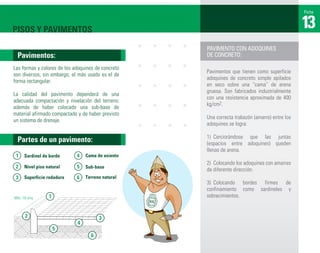 Ficha



PISOS Y PAVIMENTOS                                                                             13
                                                    PAVIMENTO CON ADOQUINES
  Pavimentos:                                       DE CONCRETO:

Las formas y colores de los adoquines de concreto
                                                    Pavimentos que tienen como superficie
son diversos, sin embargo, el más usado es el de
                                                    adoquines de concreto simple apilados
forma rectangular.
                                                    en seco sobre una “cama” de arena
                                                    gruesa. Son fabricados industrialmente
La calidad del pavimento dependerá de una
                                                    con una resistencia aproximada de 400
adecuada compactación y nivelación del terreno;
                                                    kg/cm2.
además de haber colocado una sub-base de
material afirmado compactado y de haber previsto
                                                    Una correcta trabazón (amarre) entre los
un sistema de drenaje.
                                                    adoquines se logra:

                                                    1) Cerciorándose que las juntas
  Partes de un pavimento:                           (espacios entre adoquines) queden
                                                    llenas de arena.
      Sardinel de borde          Cama de asiento
                                                    2) Colocando los adoquines con amarres
      Nivel piso natural         Sub-base
                                                    de diferente dirección.
      Superficie rodadura        Terreno natural
                                                    3) Colocando bordes firmes de
                                                    confinamiento como sardineles y
Mín. 10 cms.                                        sobrecimientos.
 