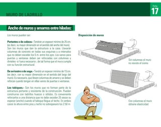 Ficha



MURO DE LADRILLO                                                                                                 17
Ancho de muros y amarres entre hiladas:
Los muros pueden ser:                                              Disposición de muros

Portantes o de cabeza.- Tendrán un espesor mínimo de 25 cm.
(es decir, su mayor dimensión en el sentido del ancho del muro).
Son los muros que dan la estructura a la casa. Llevarán
columnas de concreto en todas sus esquinas y a intervalos
que no deben exceder los 5 m. entre los ejes. Los vanos para
puertas y ventanas deben ser reforzadas con columnas y
                                                                                          Sin columnas el muro
dinteles -si fuera necesario-, de tal forma que el muro cumpla
                                                                                          no resiste el sismo
con su función estructural.

De arriostre o de soga.- Tendrá un espesor mínimo de 15 cm.
(es decir, con su mayor dimensión en el sentido del largo del
muro). Es necesario, que lleven columnas de amarre y se deben
reforzar cuando tengan en ellas vanos de puertas o ventanas.

Los tabiques.- Son los muros que no forman parte de la
estructura portante y resistente de la construcción. Pueden
construirse con ladrillos huecos o sólidos. Es conveniente
reforzarlos a una distancia que no debe exceder 25 veces su
espesor (ancho) cuando el tabique llegue al techo. En ambos                               Con columnas el muro
casos la altura entre piso y techo no sobrepasará los 2.50 m.                             obtiene elasticidad
 