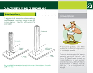 Ficha



CARACTERÍSTICAS DEL DESENCOFRADO                                                                                                 23
  Apuntalamiento:
                                                                                      RECOMENDACIONES:
Es la colocación de soportes (puntales de madera o
metal) bajo vigas o losas para soportar el peso del
concreto, equipos y materiales adicionales en la
construcción.



                                                           Pie derecho




                 Pie derecho



                                                                                      Al colocar los puntales, éstos deben
                         Cuña de                                  Ladrillo hecho      acuñarse de tal forma, que impidan que
                         madera                                   a máquina
                                                                                      la estructura se deforme.

                                                                                      Cuando se necesite desencofrar, y algún
                                                                           Solera
                               Solera                                      2" x 10"   elemento estructural necesite más
                               2" x 10"
                                                                                      tiempo de fraguado para conseguir su
                                                                                      resistencia óptima, se podrá apuntalar
                                                                                      teniendo en cuenta que el tamaño máximo
                                                                                      de desencofrado no debe ser mayor de
Los puntales deben ser piezas de madera derechas y fuertes de una dimensión           2.5 m. por 2.5 m. en losas y no más 2 m.
de 4¨ x 4¨o más.
                                                                                      en vigas.
 
