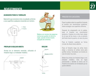 Ficha



REVESTIMIENTO                                                                                                                         27
ACABADOS PARA EL TARRAJEO
                                                                                       PROCESO DE EJECUCIÓN:
Operación que consiste en dar un acabado uniforme
a una superﬁcie cualquiera revestida con mortero.
                                                                                       Pasar la paleta sobre la superﬁcie frotando
                                                                                       el mortero con movimientos giratorios,
                            1 . Paleta                                                 hasta conseguir una superﬁcie uniforme.
                            2. Frotacho
                                                                                       Después de emparejarlo con la paleta,
                                                                                       pase el frotacho con movimientos
                                                    Rellena con mortero los espacios   giratorios. Empiece de arriba hacia abajo
                                                    vacíos que quedan al retirar la    en el caso de los muros, o de un extremo
                                                    regla, usando mortero fuerte       del fondo hacia la puerta, en caso de pisos.
                                                    (cargado de cemento).
                                                                                       Pase el frotacho cuadrado en forma
                                                                                       circular de afuera hacia adentro.
PREFILAR O BOLEAR ARISTA                                   BOLEAR
                                                                                       Pase el frotacho largo de arriba hacia
                                                                Esquina
Aristas de un elemento revestido, utilizando el                                        abajo y viceversa en ambas caras para
frotacho largo o un boleador metálico.                                                 perﬁlar aristas. Humedecer con brocha en
                                                                Boleador metálico      caso de estar muy seco.

                         frotacho                                                      Bolear las aristas con frotacho largo o con
                                                                                       boleador metálico. Esto se logra
                                                                                       presionando y dándole la forma con el
                                                                                       frotacho de acuerdo con el boleado que se
                                                                                       quiere obtener.



                                                           Perﬁlar
 