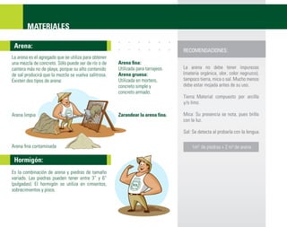 MATERIALES

 Arena:
                                                                                  RECOMENDACIONES:
La arena es el agregado que se utiliza para obtener
una mezcla de concreto. Sólo puede ser de río o de    Arena ﬁna:
cantera más no de playa, porque su alto contenido     Utilizada para tarrajeos.   La arena no debe tener impurezas
de sal producirá que la mezcla se vuelva salitrosa.   Arena gruesa:               (materia orgánica, olor, color negruzco),
Existen dos tipos de arena:                           Utilizada en mortero,       tampoco tierra, mica o sal. Mucho menos
                                                      concreto simple y           debe estar mojada antes de su uso.
                                                      concreto armado.
                                                                                  Tierra: Material compuesto por arcilla
                                                                                  y/o limo.

Arena limpia                                          Zarandear la arena fina.    Mica: Su presencia se nota, pues brilla
                                                                                  con la luz.

                                                                                  Sal: Se detecta al probarla con la lengua.

Arena ﬁna contaminada                                                                 1m3 de piedras + 2 m3 de arena

 Hormigón:
Es la combinación de arena y piedras de tamaño
variado. Las piedras pueden tener entre 3” y 6”
(pulgadas). El hormigón se utiliza en cimientos,
sobrecimientos y pisos.
 