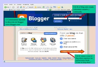 2.b) Si el blog está creado colocamos usuario y contraseña. 2.b) Si vamos a crear el blog ahora seguimos las instrucciones desde “Crear un blog ahora” 1) Comenzamos tipeando la dirección de blogger: www.blogger.com 